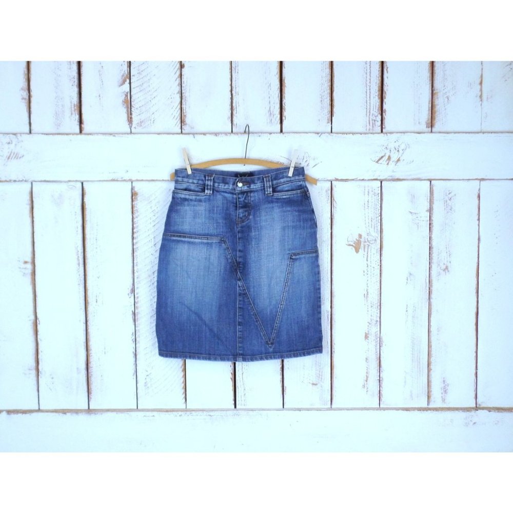 90s vintage distressed faded dark blue cotton jean denim pencil skirt - Picture 8 of 8